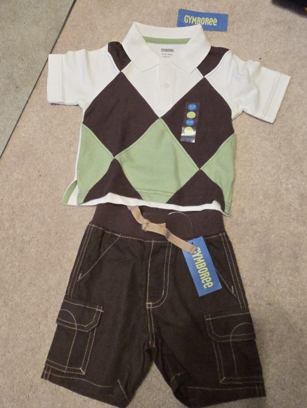 NWT Gymboree 6-12 Months White/Green/Brown Argyle Polo and Brown Cargo Shorts